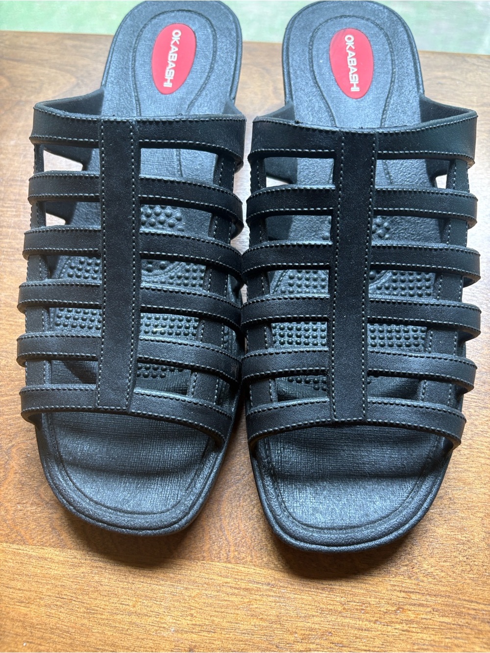 Okabashi Black Women's Wedge Strappy Slide Sandals size L NWOT